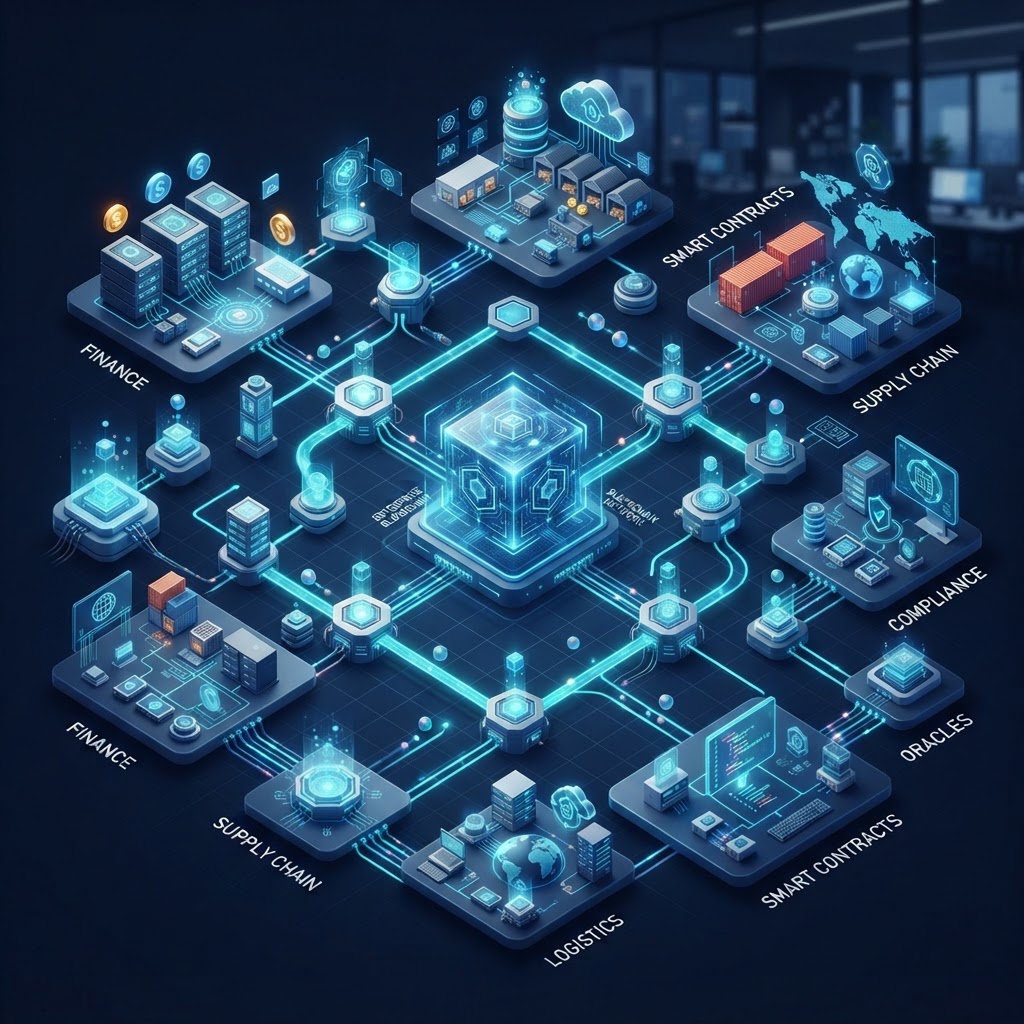 3D isometric blockchain architecture diagram showing interconnected distributed network nodes