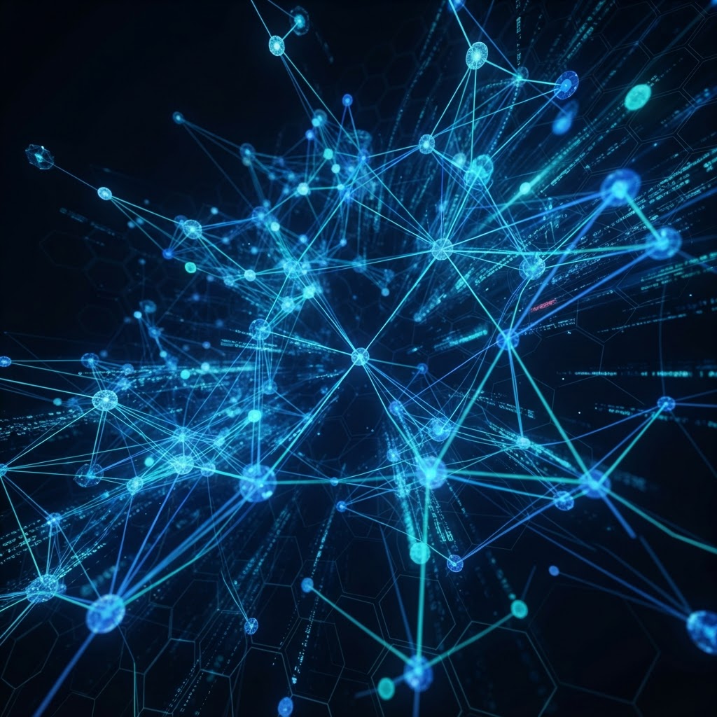 Blockchain network visualization with glowing nodes and distributed ledger connections