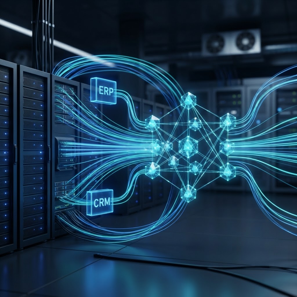 Enterprise IT system integration with blockchain showing ERP and CRM systems connected to distributed ledger