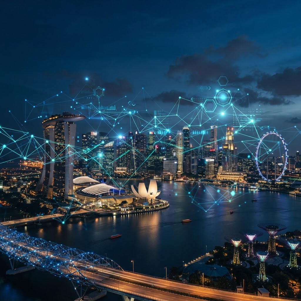 Singapore financial district skyline with blockchain digital network overlay and glowing data connections