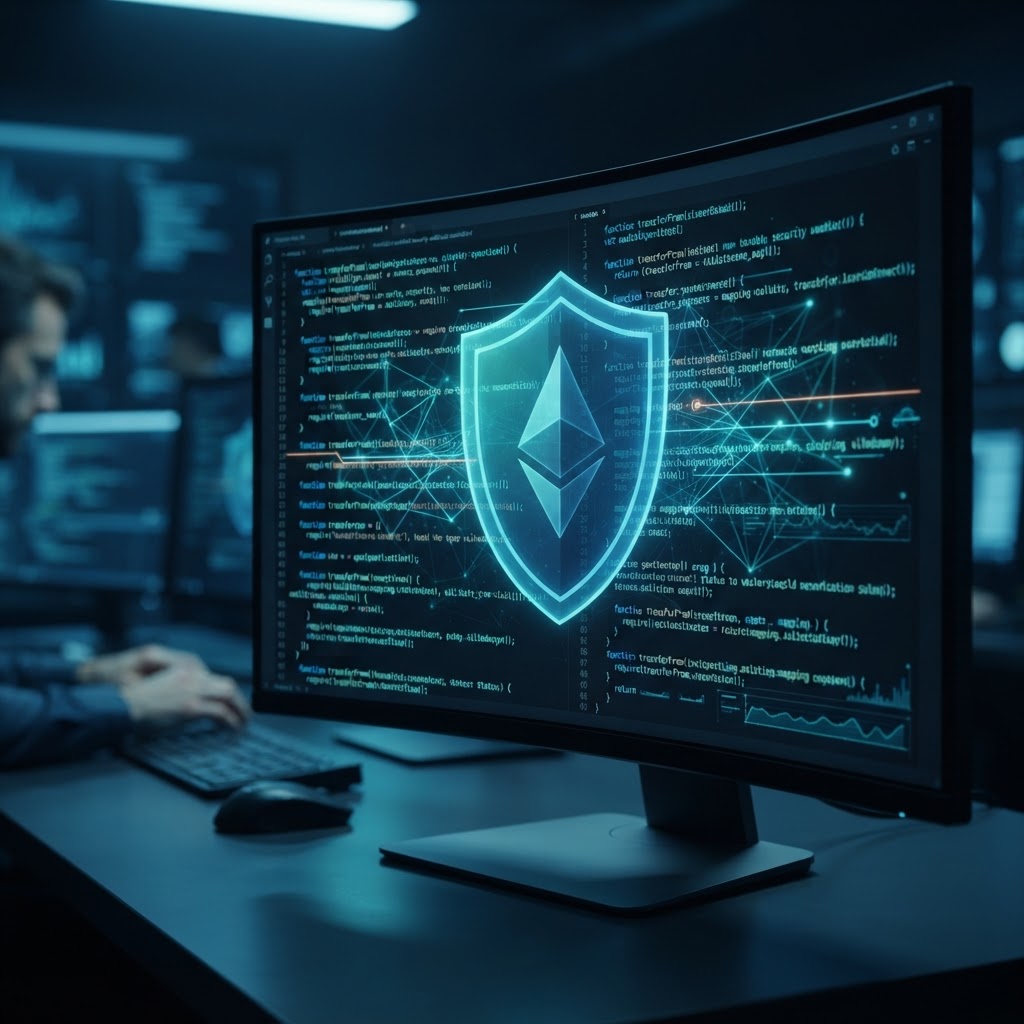 Smart contract security audit visualization with glowing Solidity code and security shield overlay